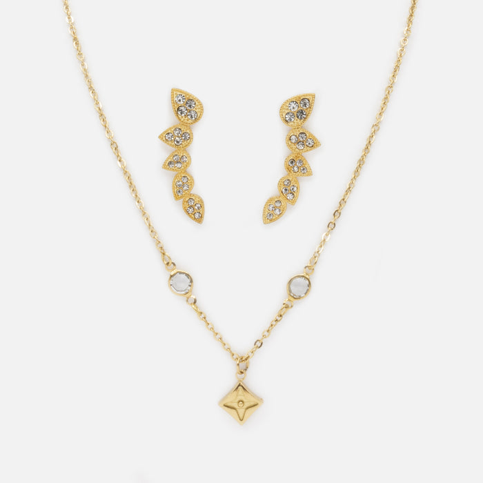 Gold star necklace and long earrings set in stainless steel
