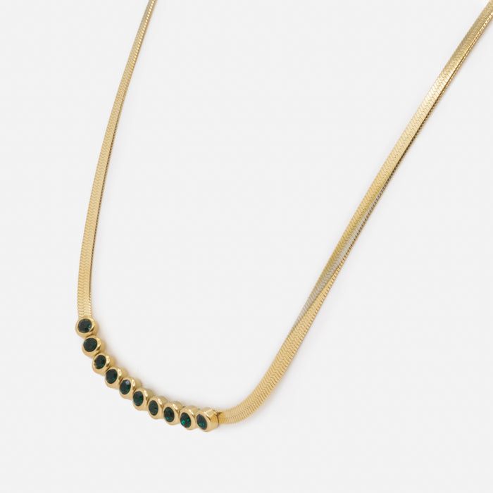Ensemble chaîne gourmette et bracelet dorés avec pierres émeraude en acier inoxydable