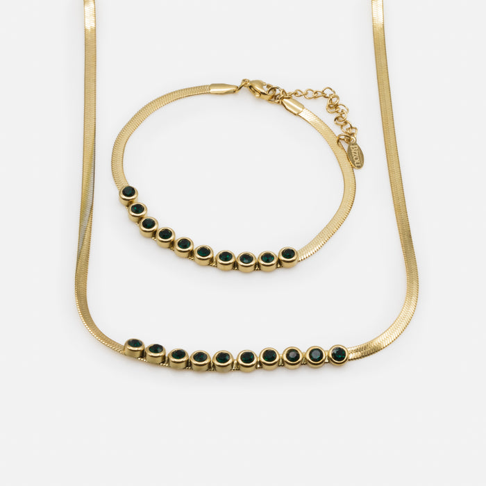 Ensemble chaîne gourmette et bracelet dorés avec pierres émeraude en acier inoxydable