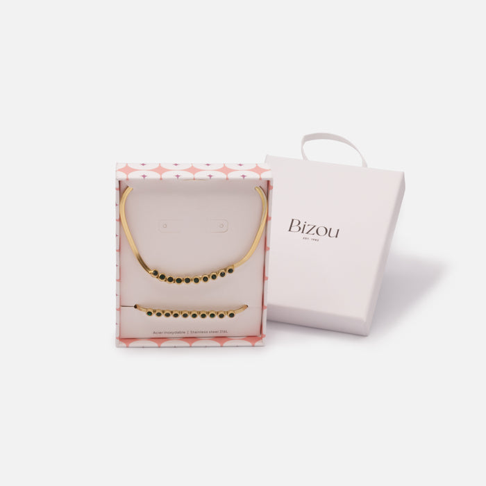 Ensemble chaîne gourmette et bracelet dorés avec pierres émeraude en acier inoxydable