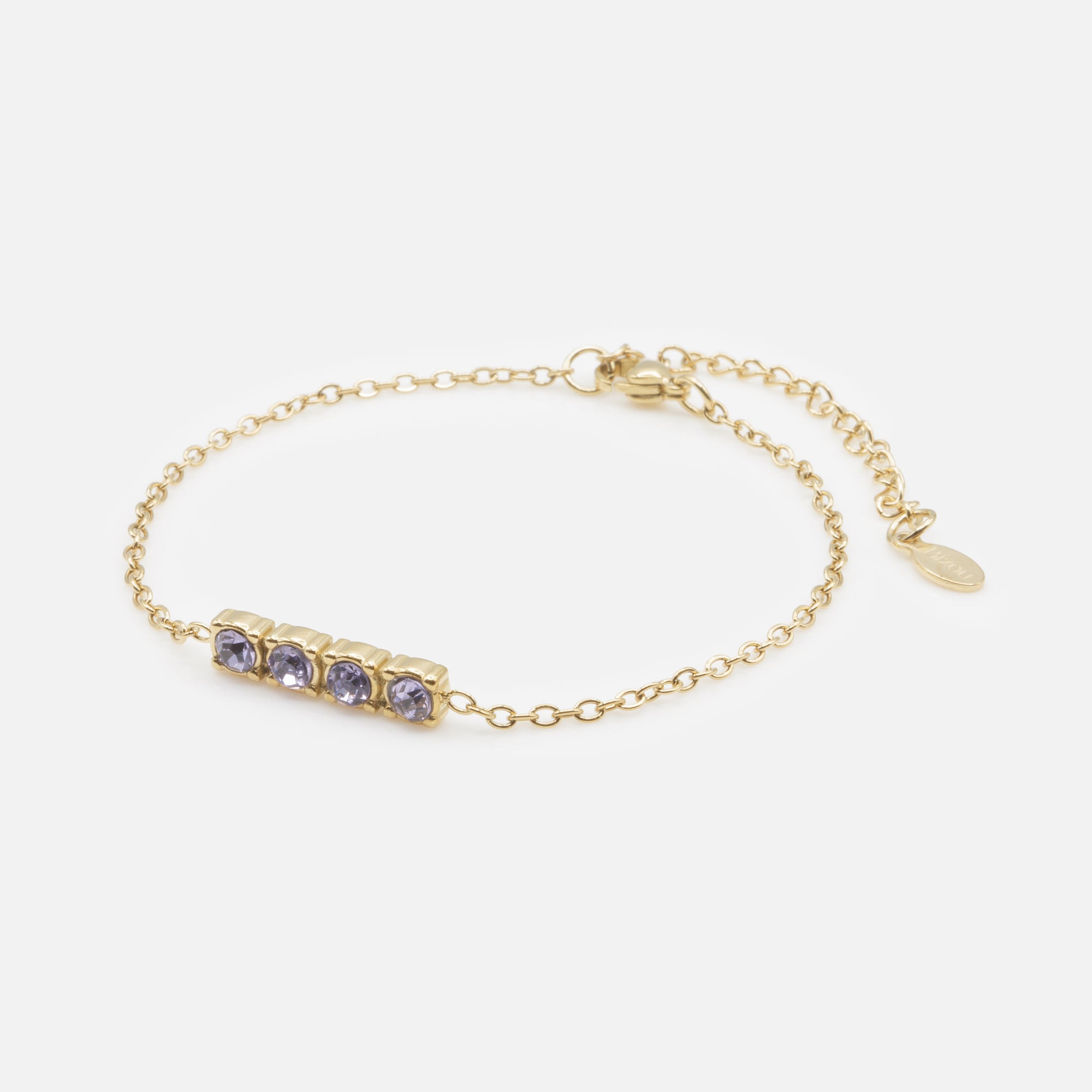 Golden bracelet and its quartet of purple cubic zirconia in stainless steel
