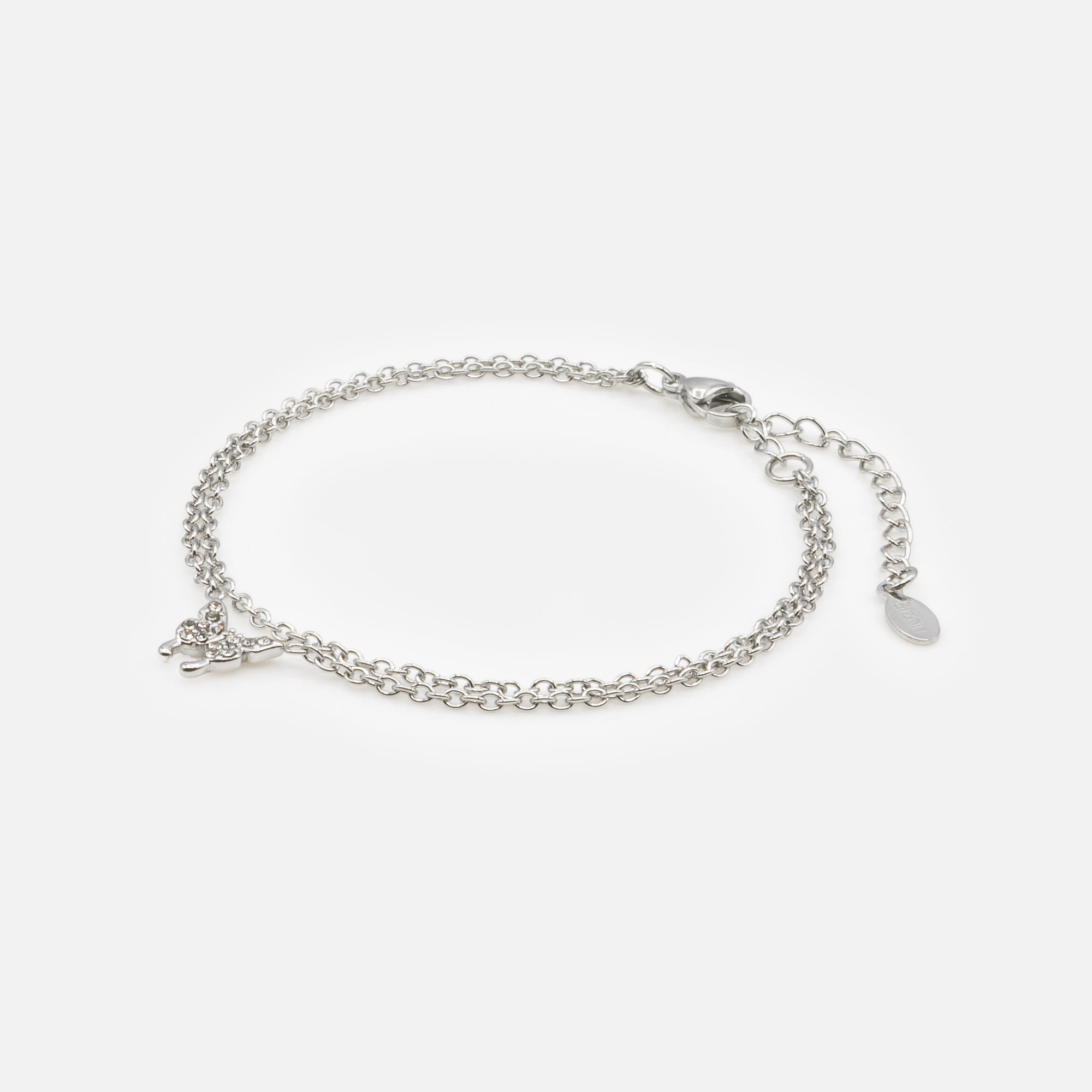 Silver double chain bracelet with butterfly and cubic zirconia in stainless steel
