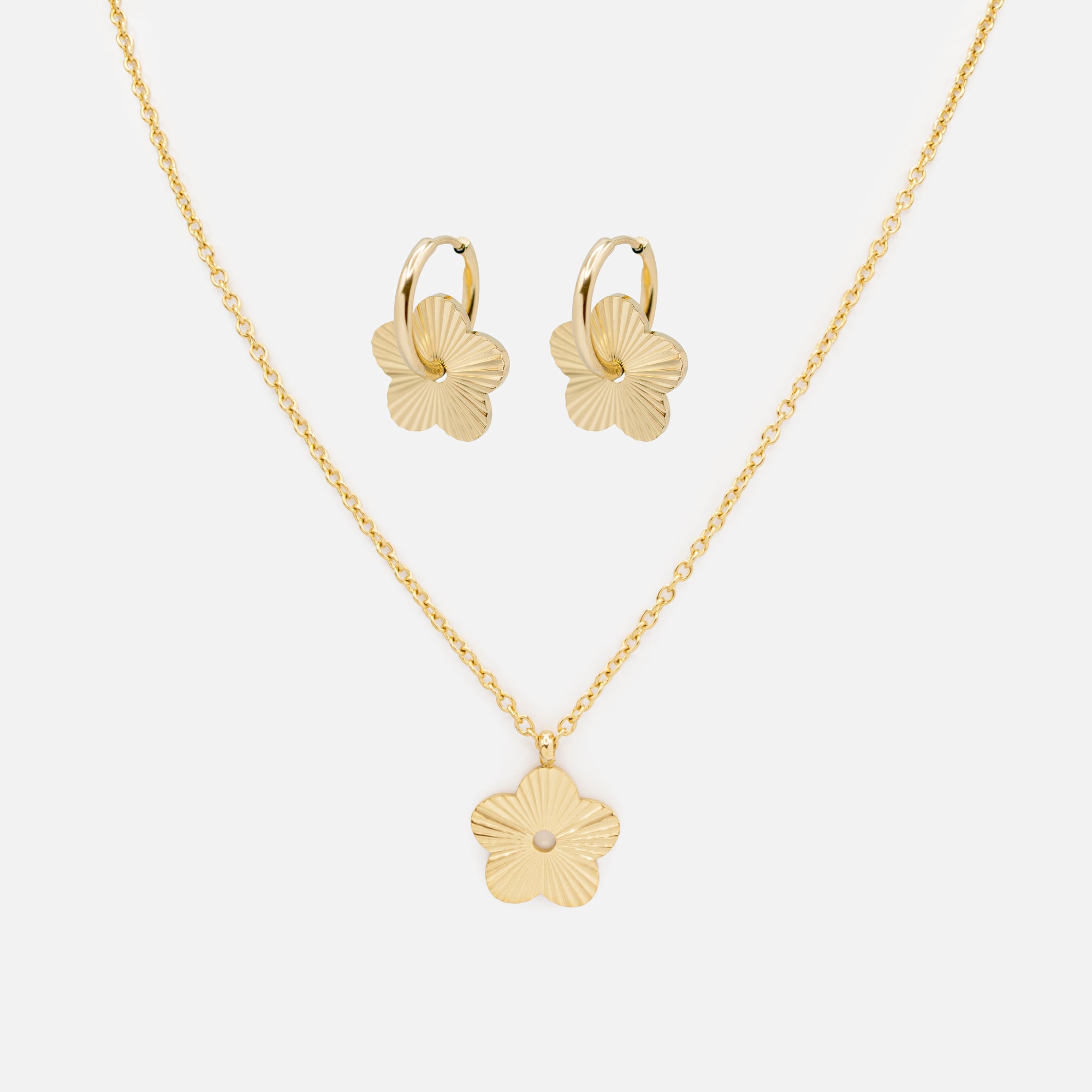 Removable Gold Textured Flowers Necklace and Earrings Set in Stainless Steel