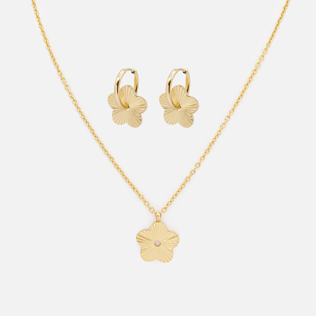 Removable Gold Textured Flowers Necklace and Earrings Set in Stainless Steel
