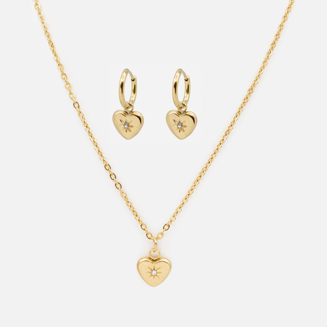 Gold heart and cubic zirconia necklace and earrings set in stainless steel