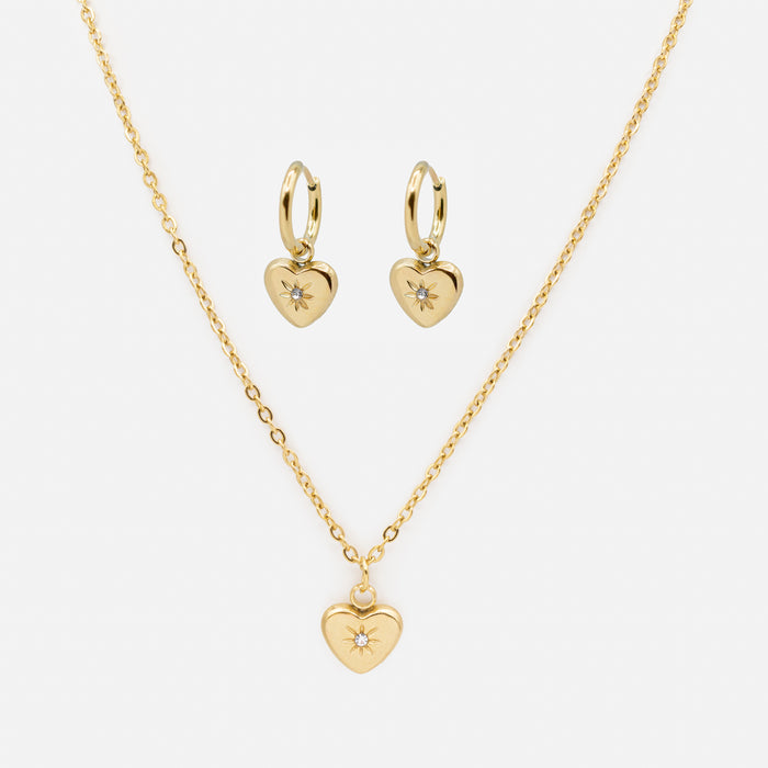 Ensemble collier et boucles d'oreilles dorés coeurs et zircons cubiques en acier inoxydable