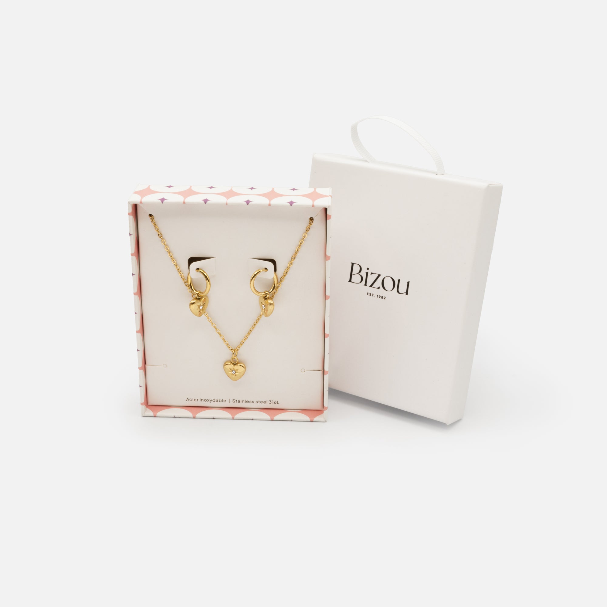 Gold heart and cubic zirconia necklace and earrings set in stainless steel