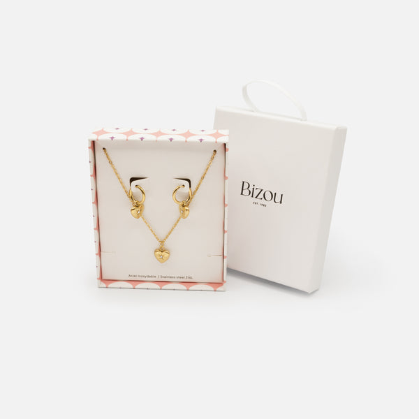 Load image into Gallery viewer, Gold heart and cubic zirconia necklace and earrings set in stainless steel
