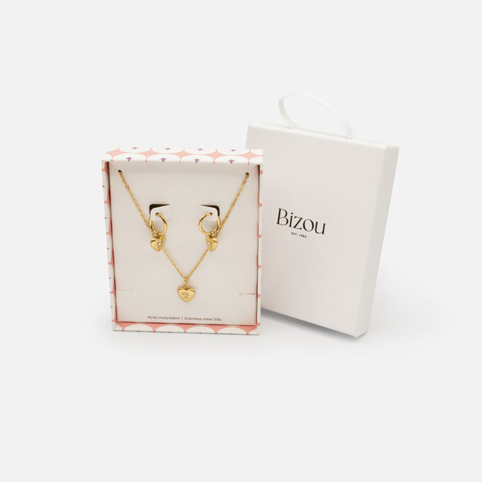 Ensemble collier et boucles d'oreilles dorés coeurs et zircons cubiques en acier inoxydable