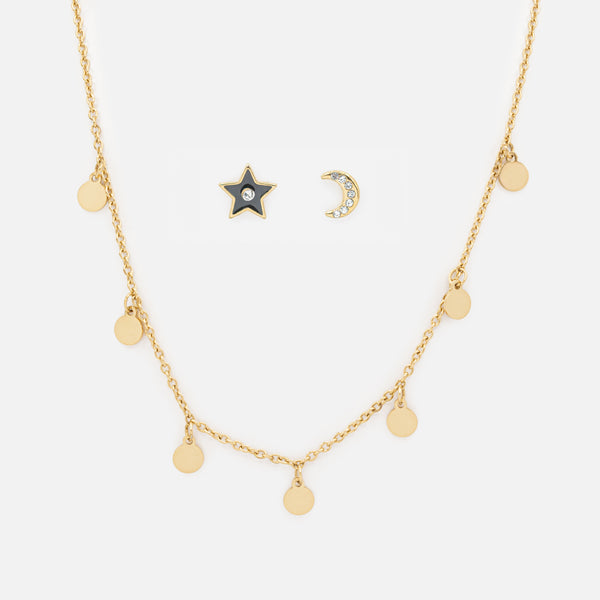 Load image into Gallery viewer, Gold Round Charm Necklace and Celestial Earrings Set with Cubic Zirconia in Stainless Steel
