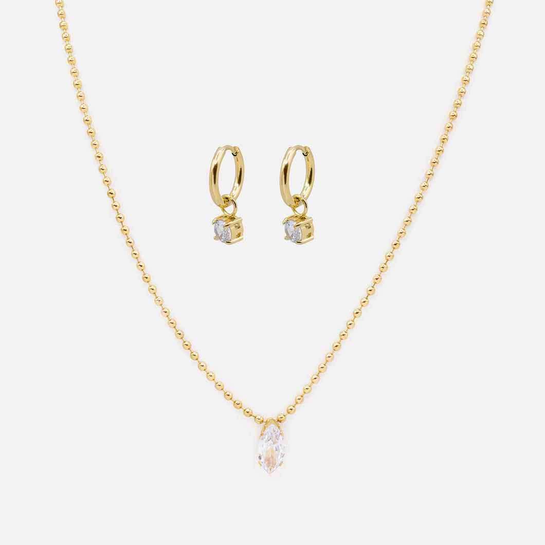 Gold Necklace and Earrings Set with Cubic Zirconia Charms in Stainless Steel