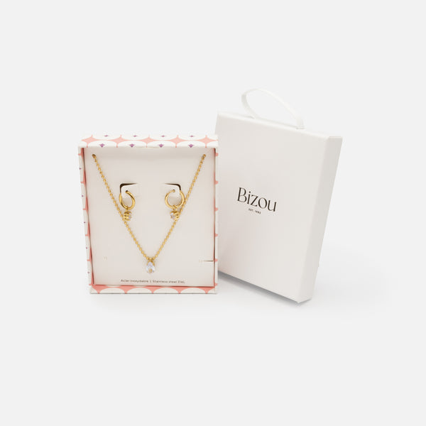 Load image into Gallery viewer, Gold Necklace and Earrings Set with Cubic Zirconia Charms in Stainless Steel
