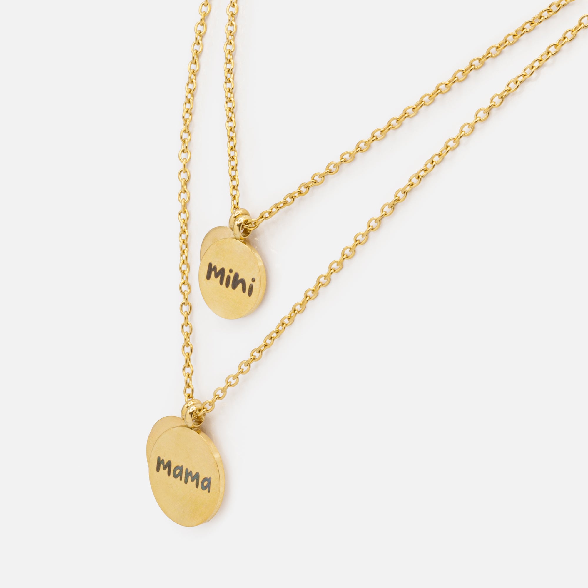 Ensemble deux colliers dorés Mini & Me breloques "mama" et "mini" ou coeurs en acier inoxydable