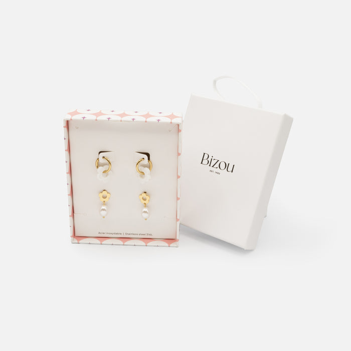 Ensemble de boucles d'oreilles dorées Mini & Me fleurs blanches et perles en acier inoxydable