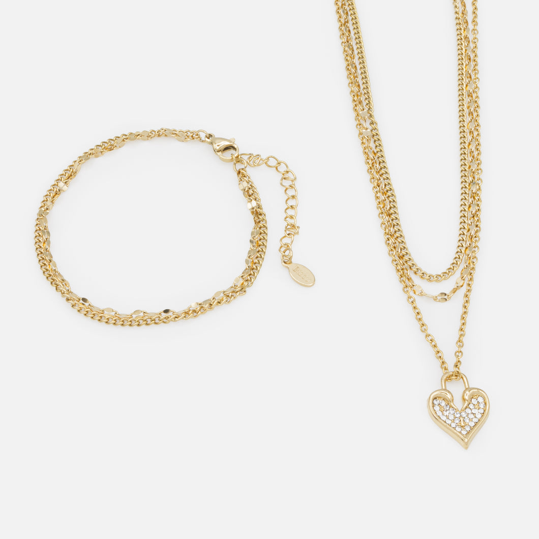 Gold set triple chain necklace with heart and double chain bracelet in stainless steel