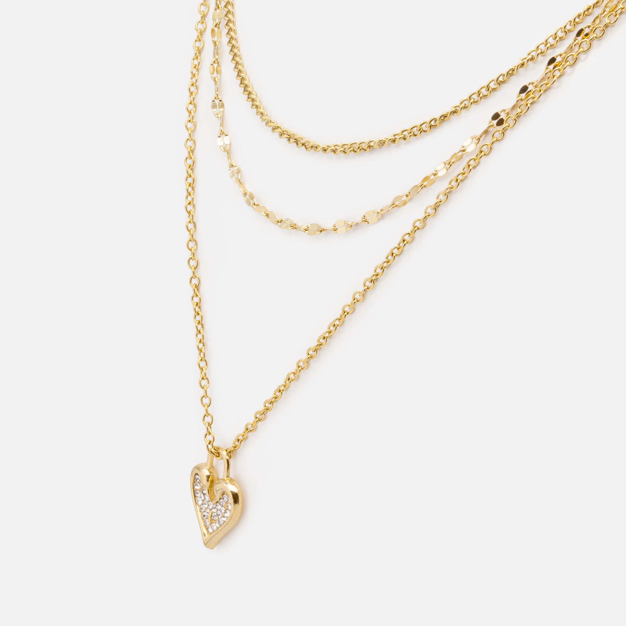 Gold set triple chain necklace with heart and double chain bracelet in stainless steel