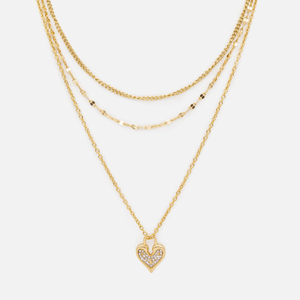 Load image into Gallery viewer, Gold set triple chain necklace with heart and double chain bracelet in stainless steel
