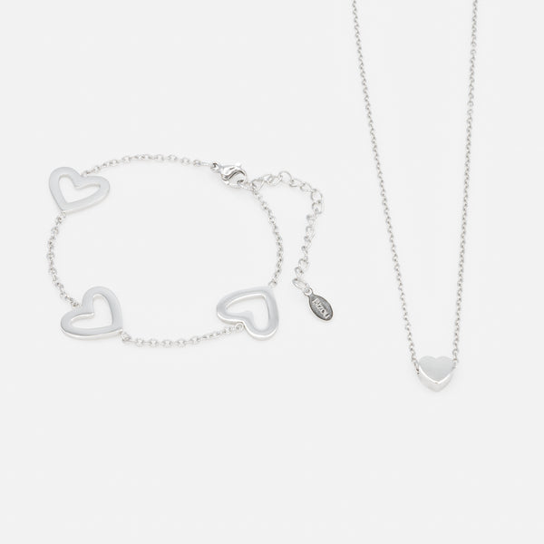 Load image into Gallery viewer, Silver set of small thick heart necklace and large empty hearts bracelet in stainless steel
