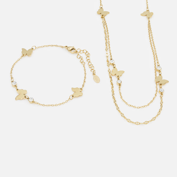 Load image into Gallery viewer, Gold Double Chain Necklace and Bracelet Set with Butterflies and Cubic Zirconia in Stainless Steel

