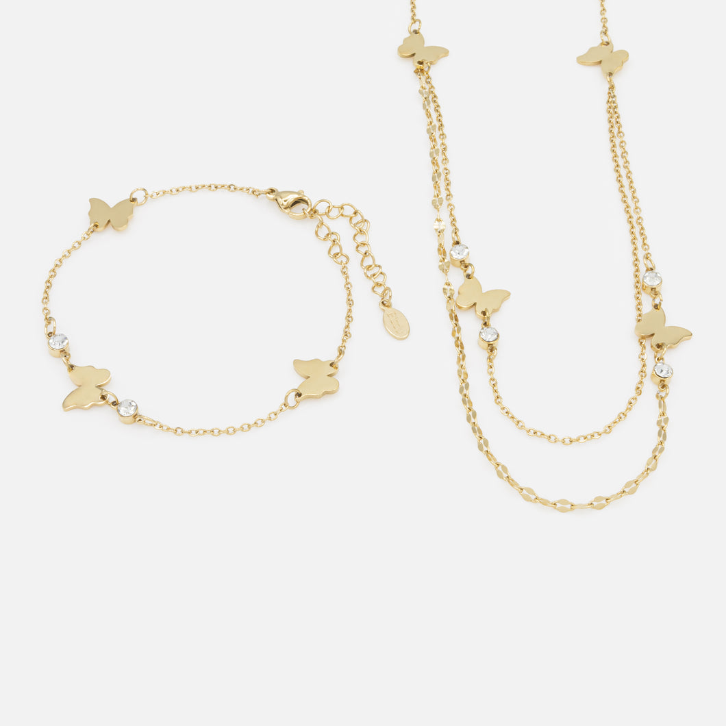 Gold Double Chain Necklace and Bracelet Set with Butterflies and Cubic Zirconia in Stainless Steel