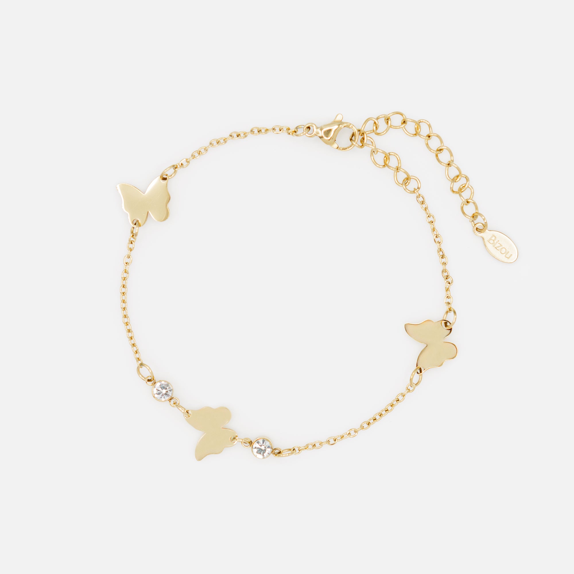 Ensemble collier double chaîne et bracelet dorés avec papillons et zircons cubiques en acier inoxydable