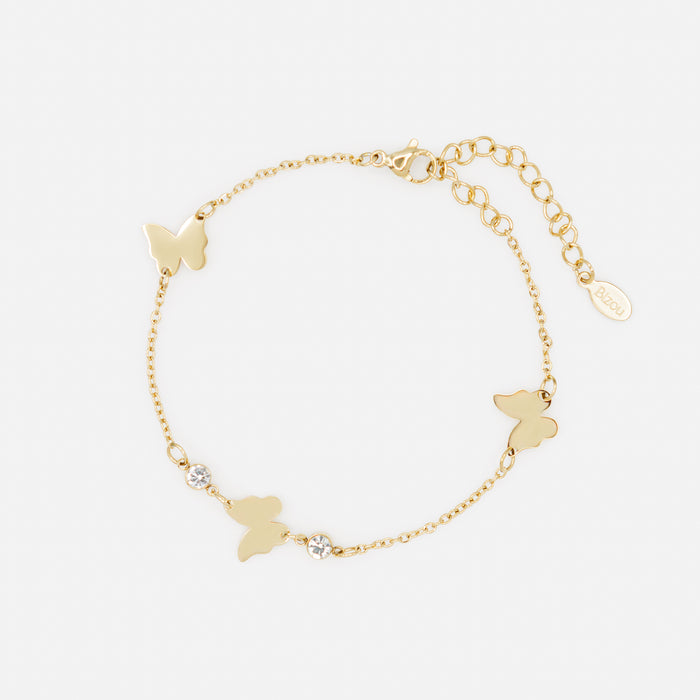 Gold Double Chain Necklace and Bracelet Set with Butterflies and Cubic Zirconia in Stainless Steel