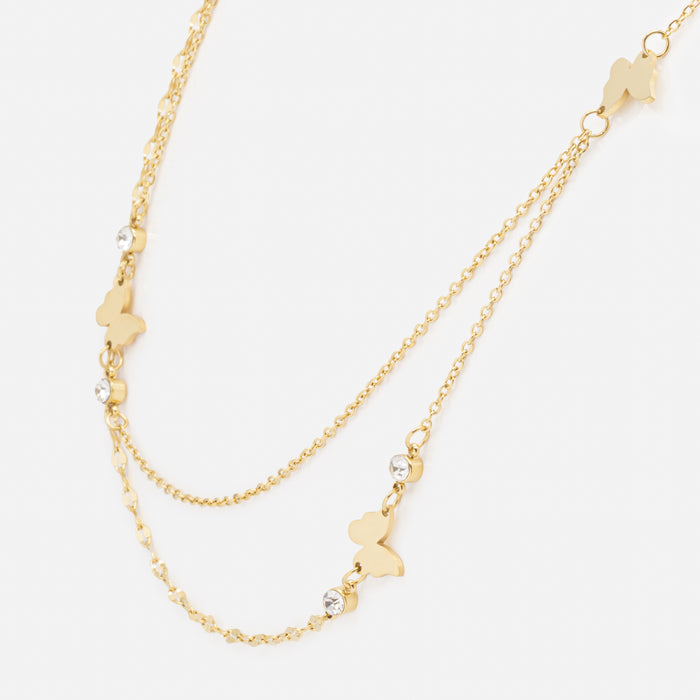 Gold Double Chain Necklace and Bracelet Set with Butterflies and Cubic Zirconia in Stainless Steel