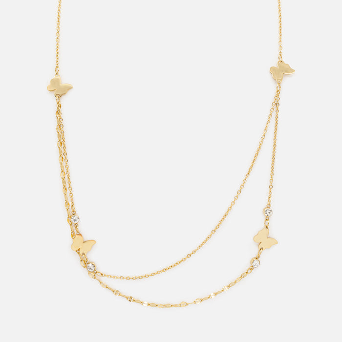 Gold Double Chain Necklace and Bracelet Set with Butterflies and Cubic Zirconia in Stainless Steel