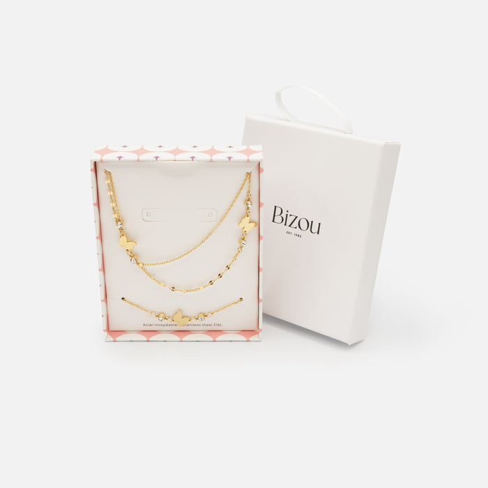 Gold Double Chain Necklace and Bracelet Set with Butterflies and Cubic Zirconia in Stainless Steel