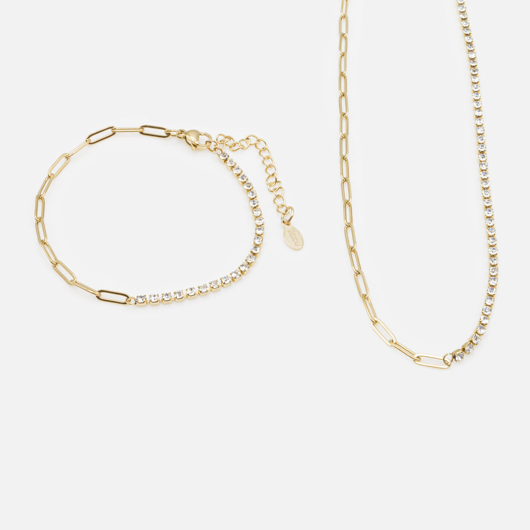 Gold river necklace and bracelet set of cubic zirconia and stainless steel paper clip links