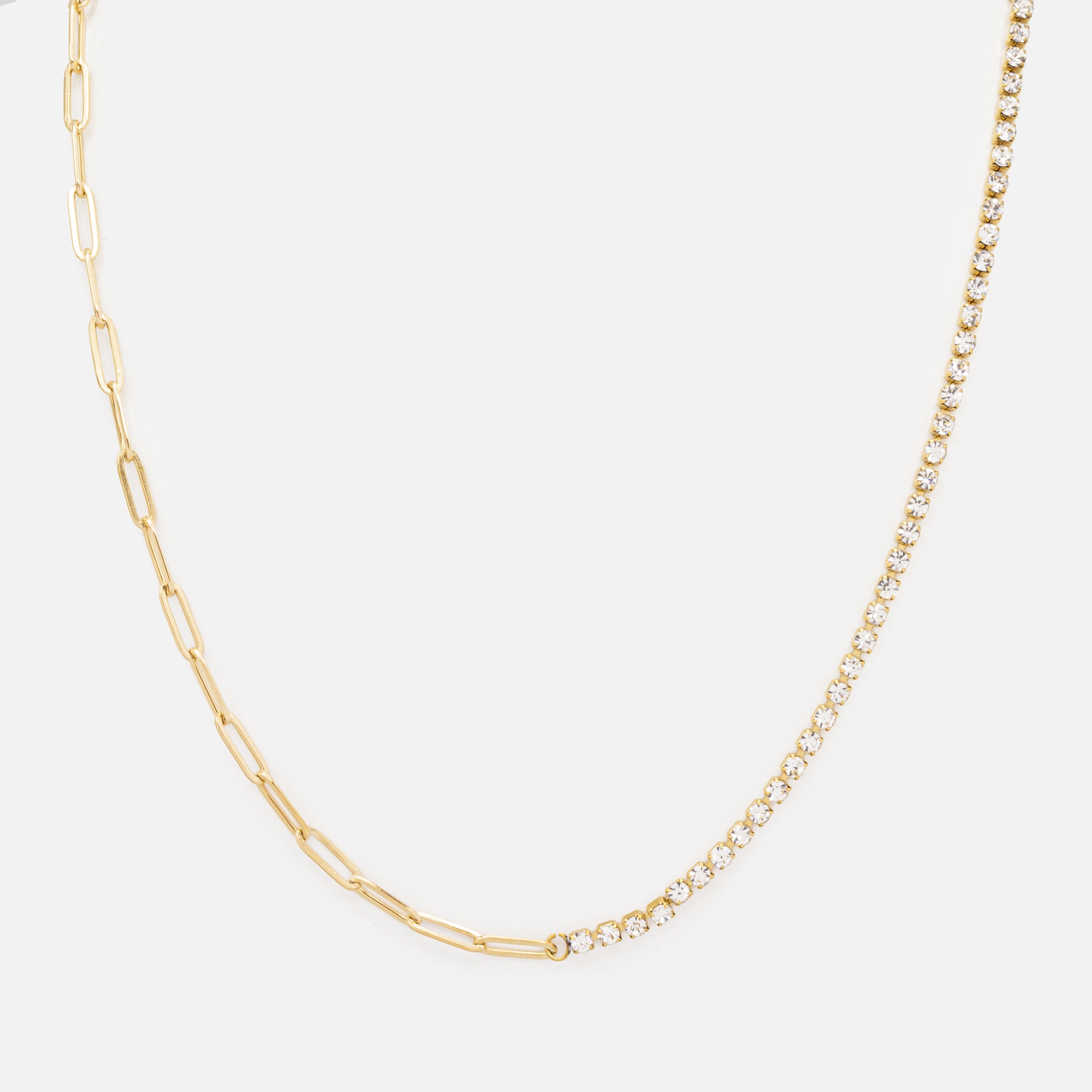 Gold river necklace and bracelet set of cubic zirconia and stainless steel paper clip links