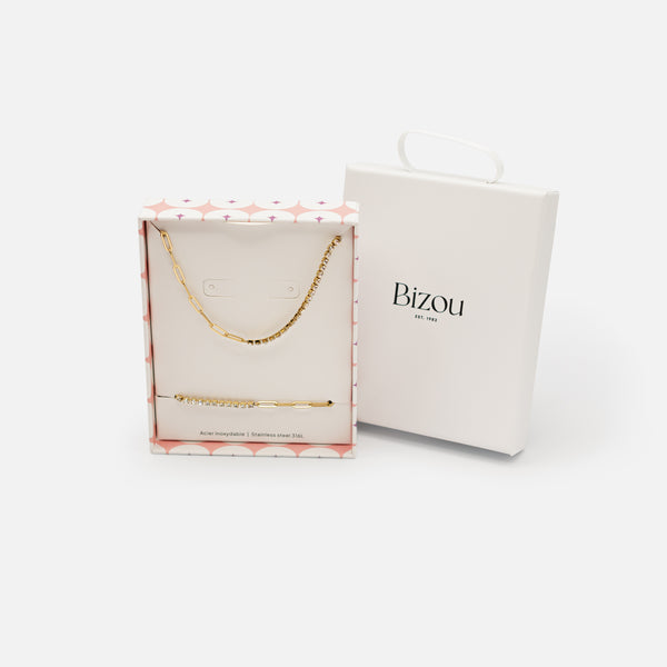 Load image into Gallery viewer, Gold river necklace and bracelet set of cubic zirconia and stainless steel paper clip links

