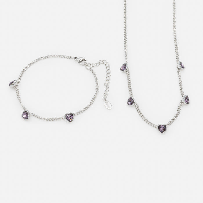Silver necklace and bracelet set with small purple hearts in stainless steel