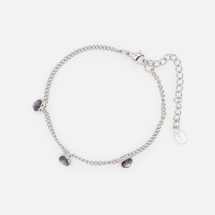 Silver necklace and bracelet set with small purple hearts in stainless steel