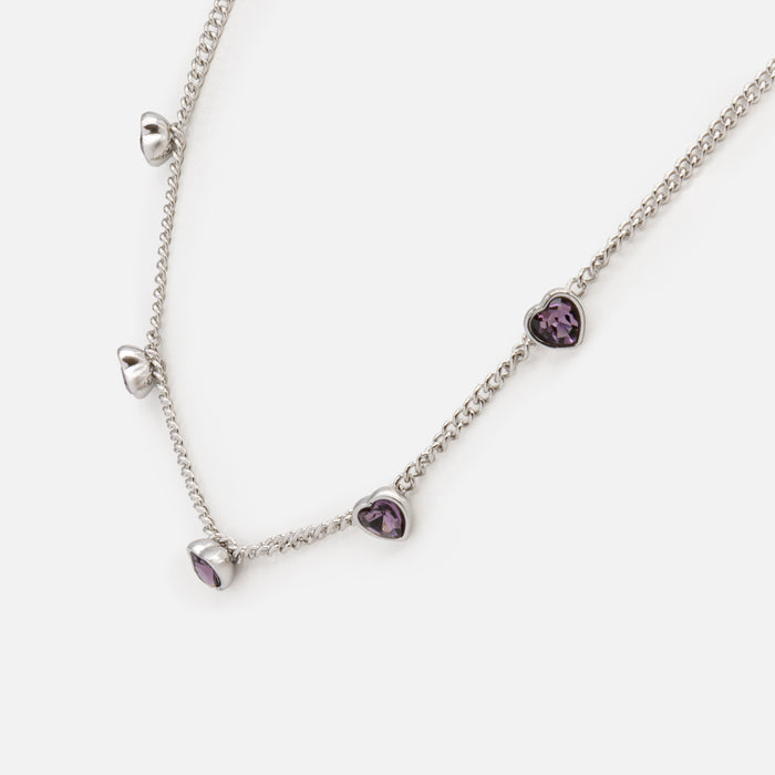 Silver necklace and bracelet set with small purple hearts in stainless steel