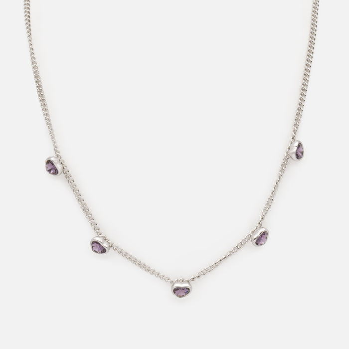 Silver necklace and bracelet set with small purple hearts in stainless steel
