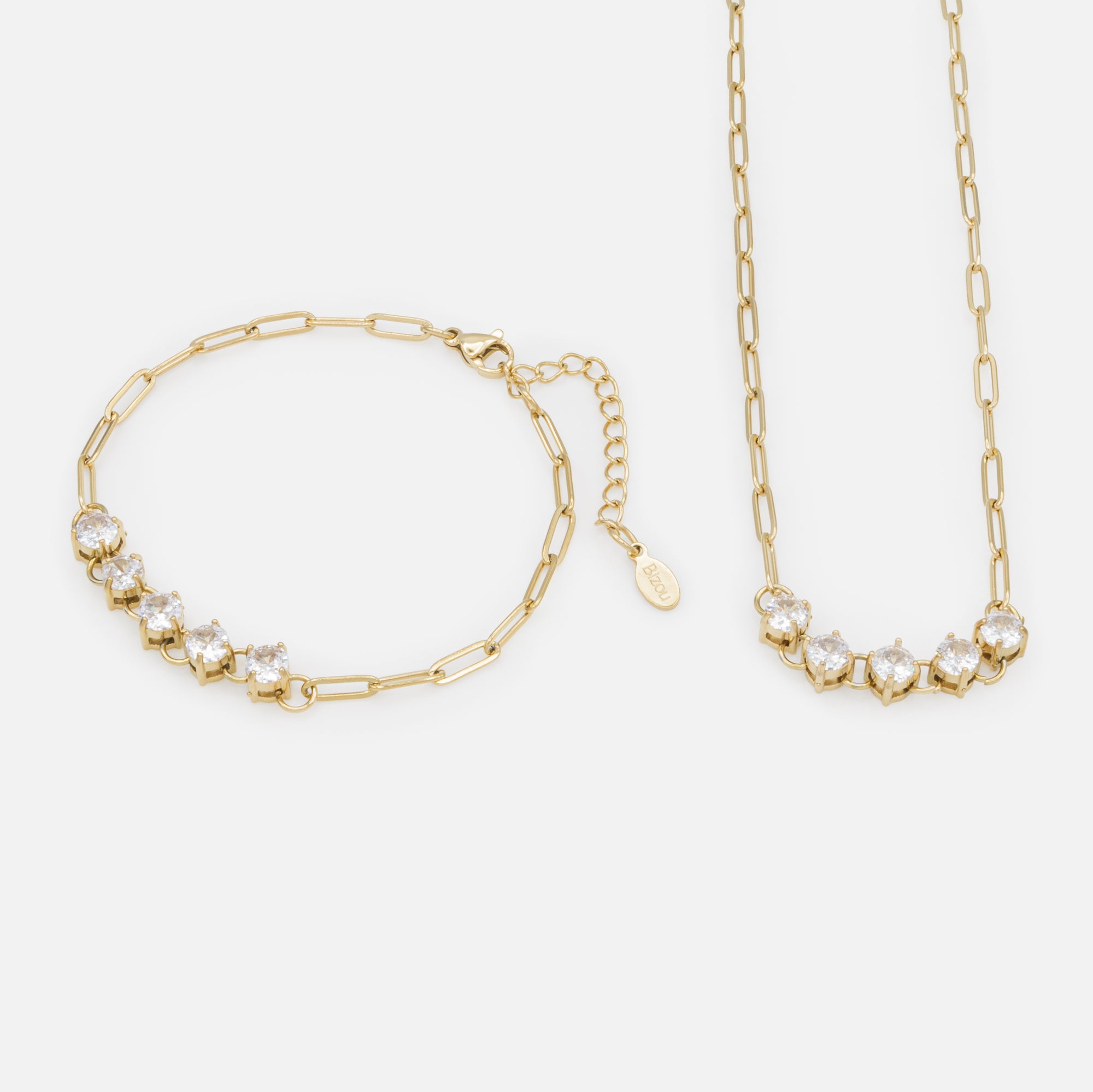 Gold paper clip chain necklace and bracelet set with stainless steel cubic zirconia