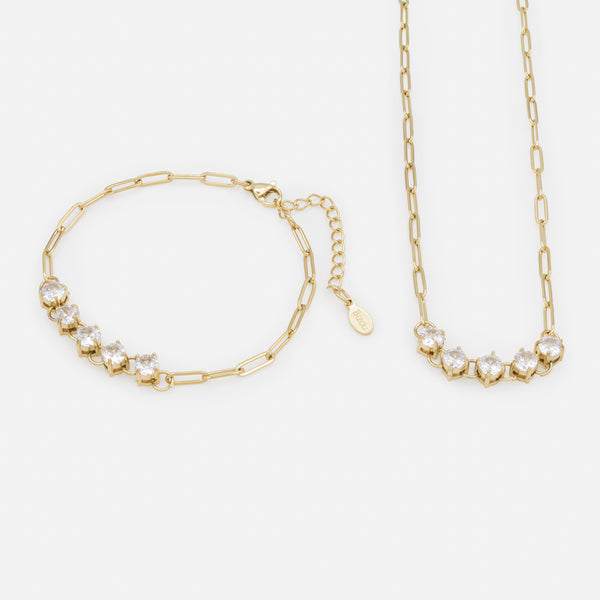 Load image into Gallery viewer, Gold paper clip chain necklace and bracelet set with stainless steel cubic zirconia
