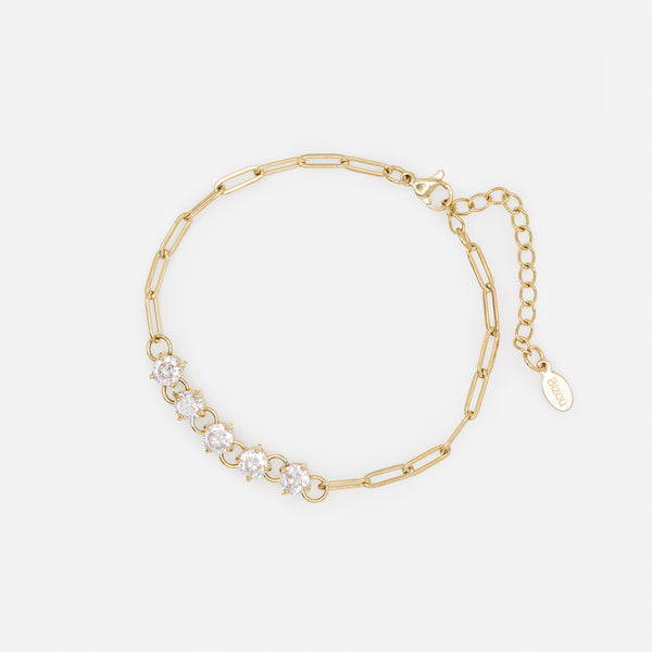 Charger l&#39;image dans la galerie, Ensemble collier et bracelet dorés à mailles trombone avec leurs zircons cubiques en acier inoxydable
