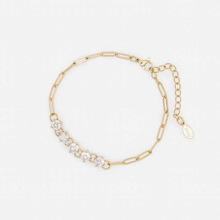 Gold paper clip chain necklace and bracelet set with stainless steel cubic zirconia