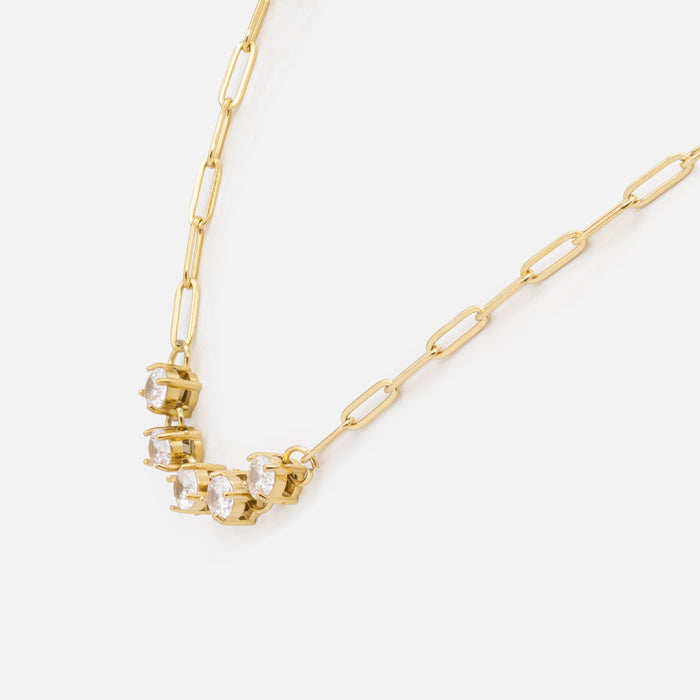 Gold paper clip chain necklace and bracelet set with stainless steel cubic zirconia