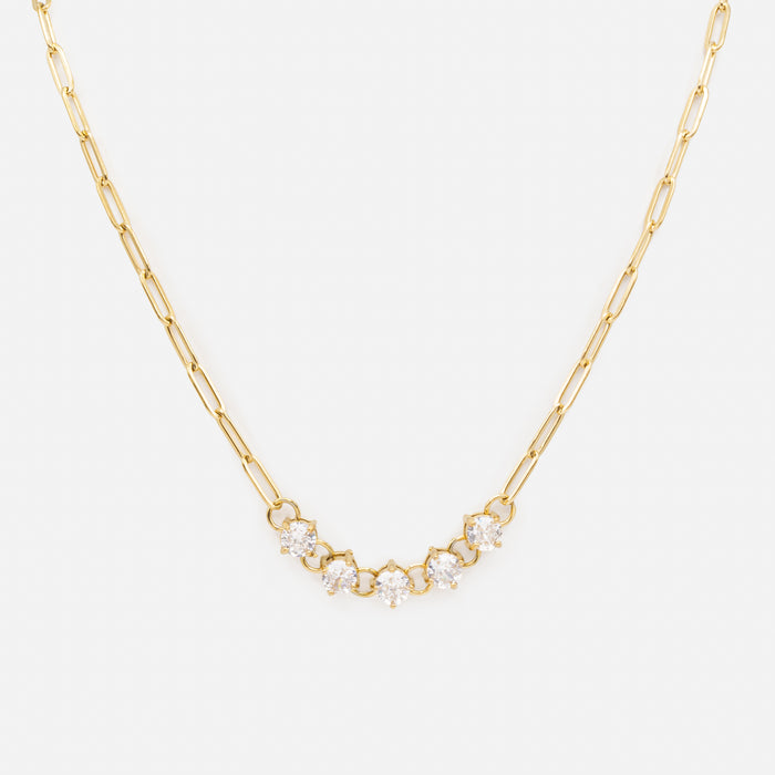Gold paper clip chain necklace and bracelet set with stainless steel cubic zirconia
