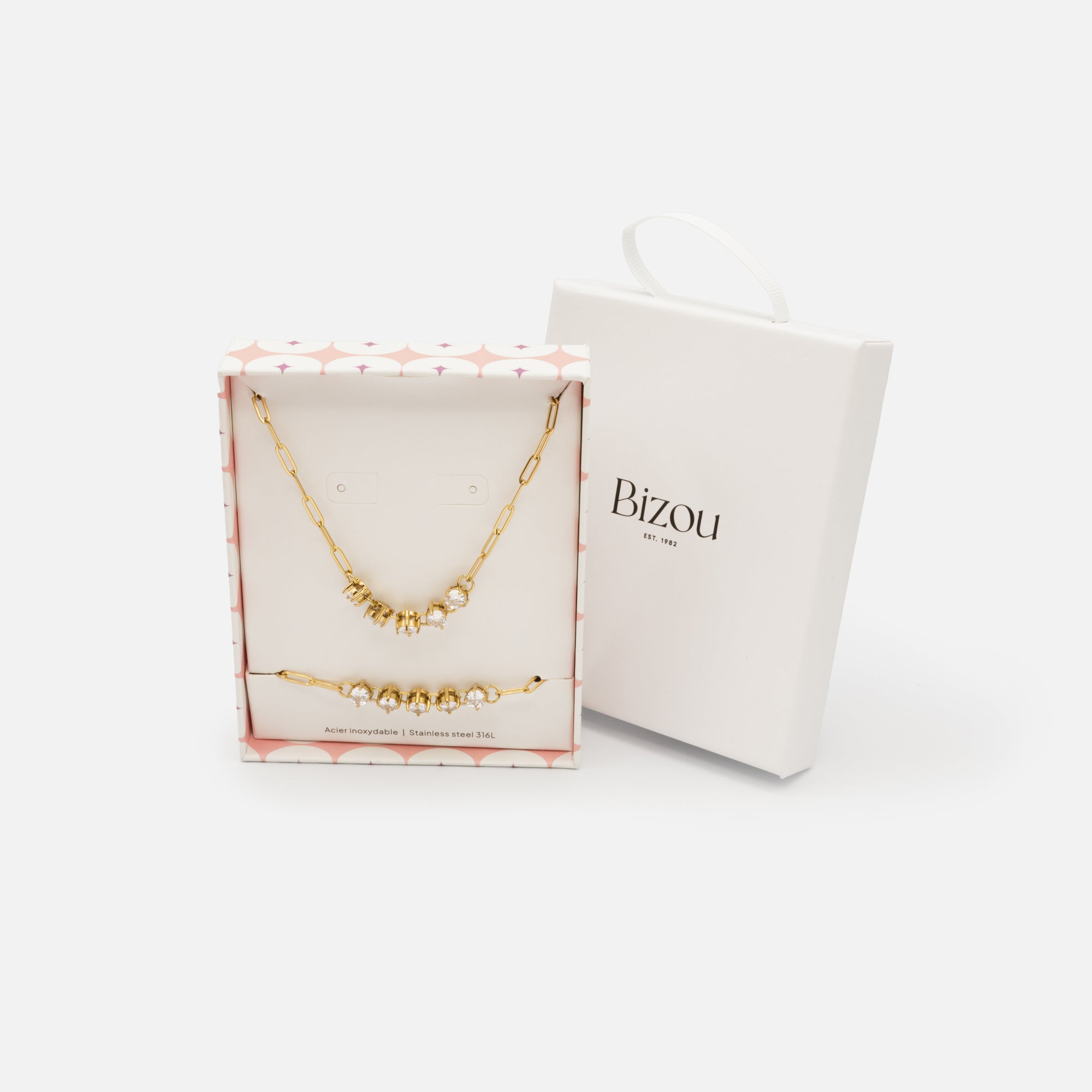 Gold paper clip chain necklace and bracelet set with stainless steel cubic zirconia