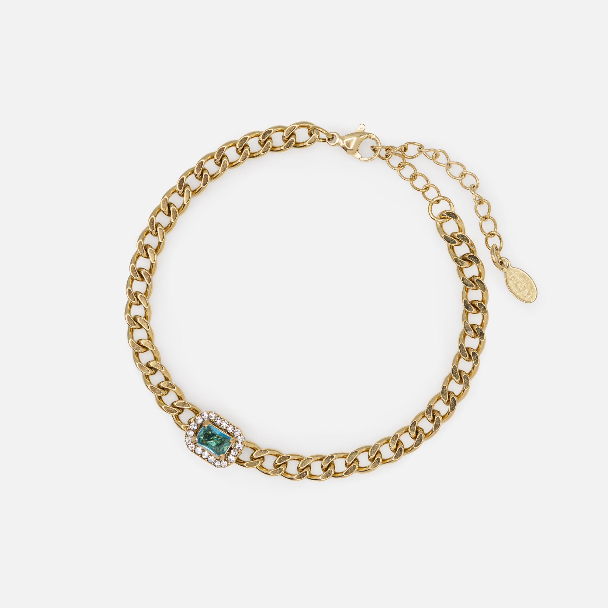 Gold Curb Link Necklace and Bracelet Set with Blue Stone and Cubic Zirconia in Stainless Steel
