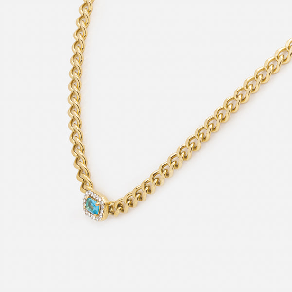 Charger l&#39;image dans la galerie, Ensemble collier et bracelet dorés à mailles gourmette avec pierre bleue et zircons cubiques en acier inoxydable
