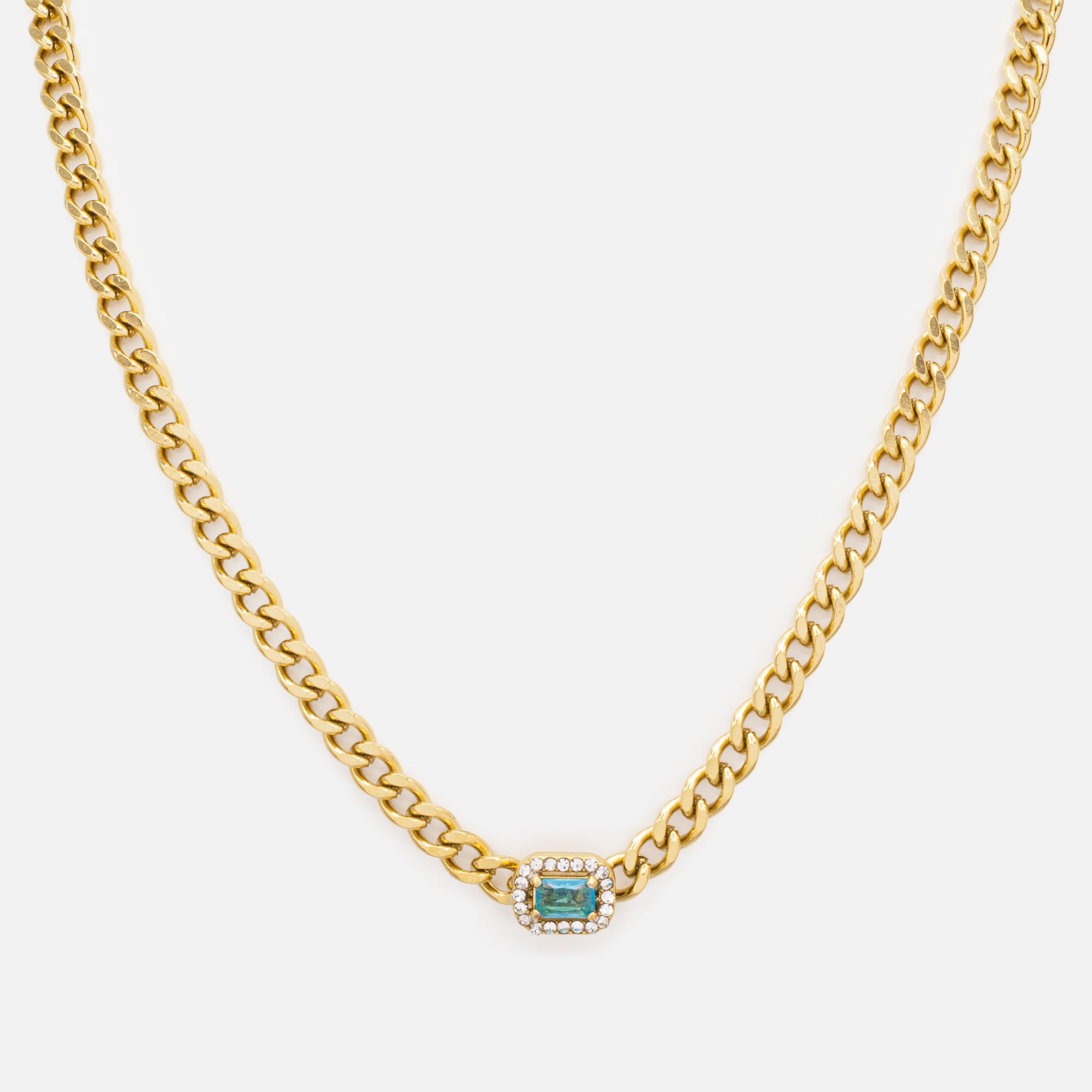 Ensemble collier et bracelet dorés à mailles gourmette avec pierre bleue et zircons cubiques en acier inoxydable