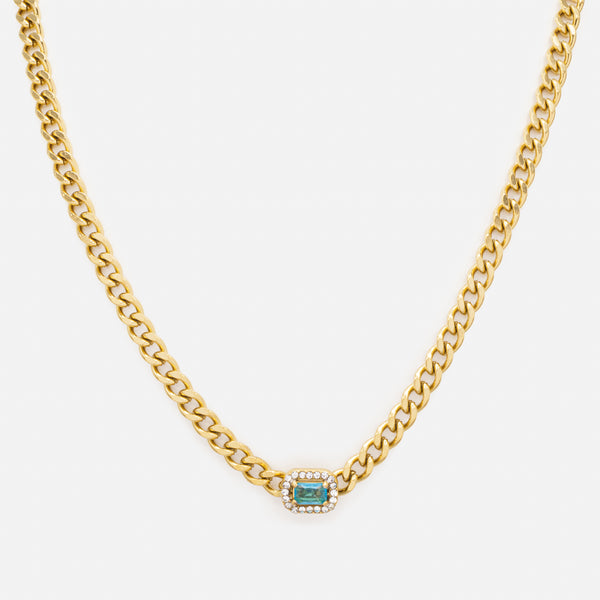 Load image into Gallery viewer, Gold Curb Link Necklace and Bracelet Set with Blue Stone and Cubic Zirconia in Stainless Steel
