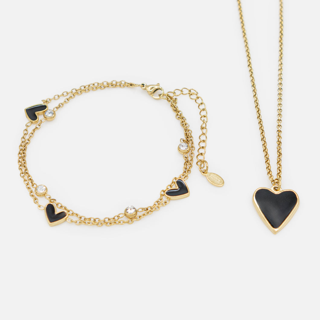 Gold necklace and double chain bracelet set with black hearts and cubic zirconia in stainless steel