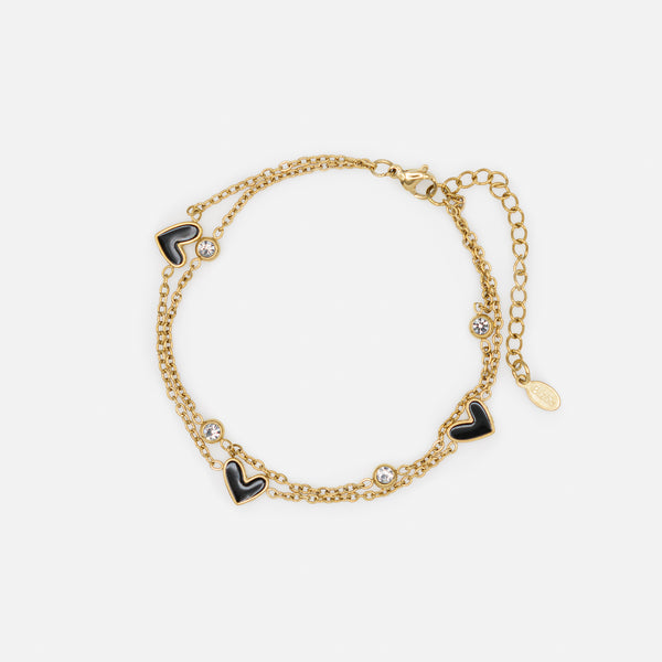 Charger l&#39;image dans la galerie, Ensemble doré collier et bracelet double chaîne coeurs noirs et zircons cubiques en acier inoxydable
