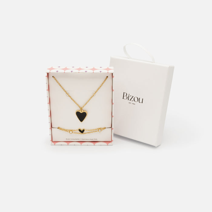 Ensemble doré collier et bracelet double chaîne coeurs noirs et zircons cubiques en acier inoxydable